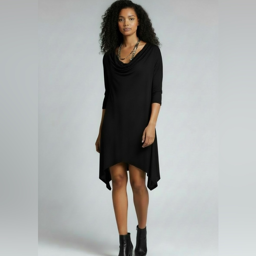 GRACE BLACK SLIP SHIFT DRESS Hi-Low Hem 3/4 Sleeves Cowl Neck Solid Black LBD